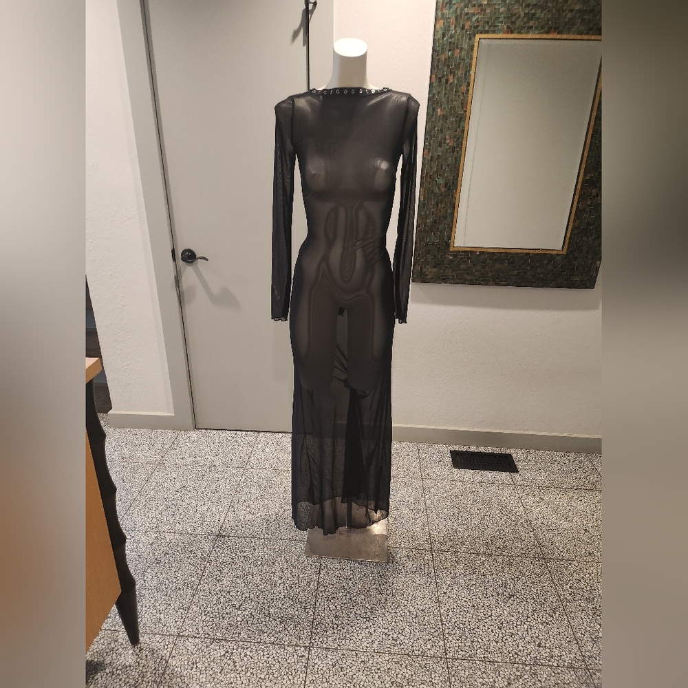 Sheer Long Sleeve Black Maxi Dress